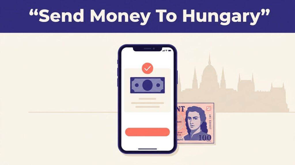 Smartphone and Hungarian forint beside a Budapest Parliament silhouette.