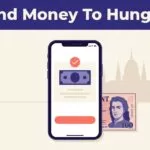 Smartphone and Hungarian forint beside a Budapest Parliament silhouette.