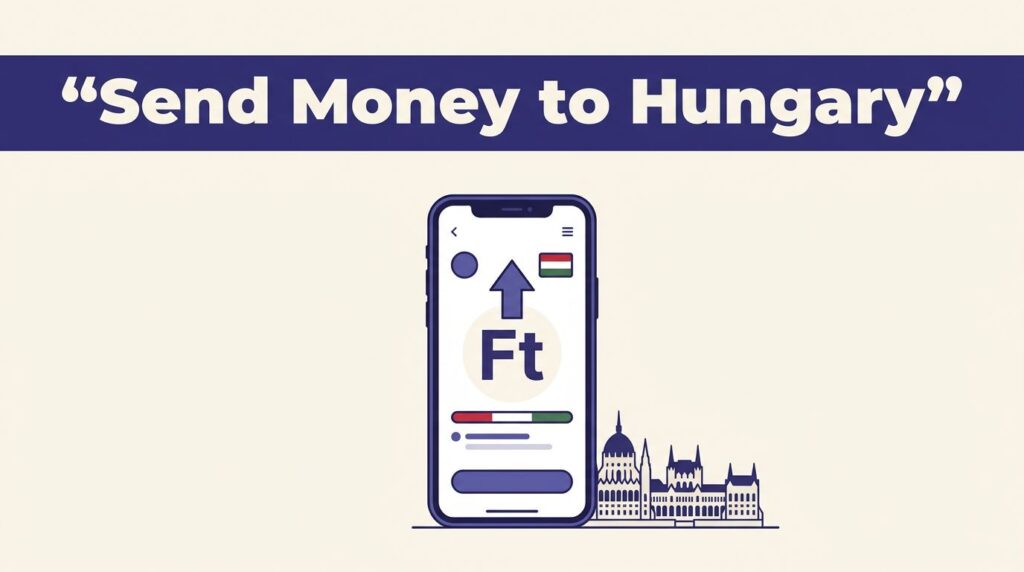 A smartphone showing a money transfer app beside a Budapest Parliament silhouette and Hungarian colors.