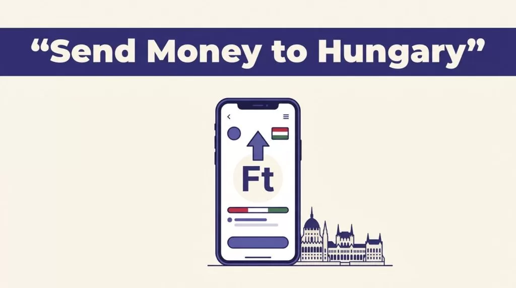 A smartphone showing a money transfer app beside a Budapest Parliament silhouette and Hungarian colors.