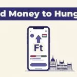 A smartphone showing a money transfer app beside a Budapest Parliament silhouette and Hungarian colors.