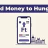 A smartphone showing a money transfer app beside a Budapest Parliament silhouette and Hungarian colors.