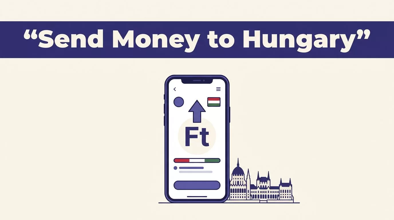 A smartphone showing a money transfer app beside a Budapest Parliament silhouette and Hungarian colors.