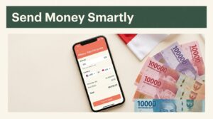 Smartphone showing a transfer quote beside Indonesian rupiah and a red-and-white flag accent.