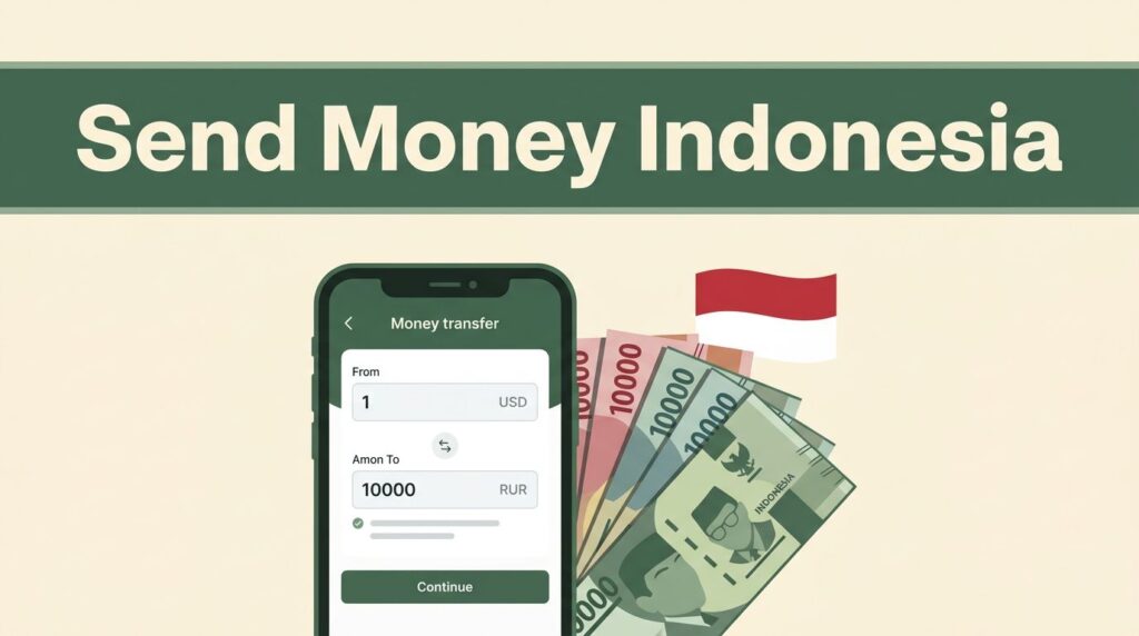 Smartphone and Indonesian rupiah beside a red-and-white flag accent.
