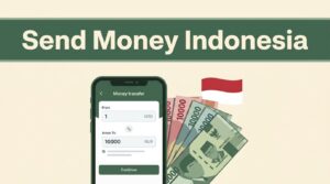 Smartphone and Indonesian rupiah beside a red-and-white flag accent.