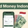 Smartphone and Indonesian rupiah beside a red-and-white flag accent.