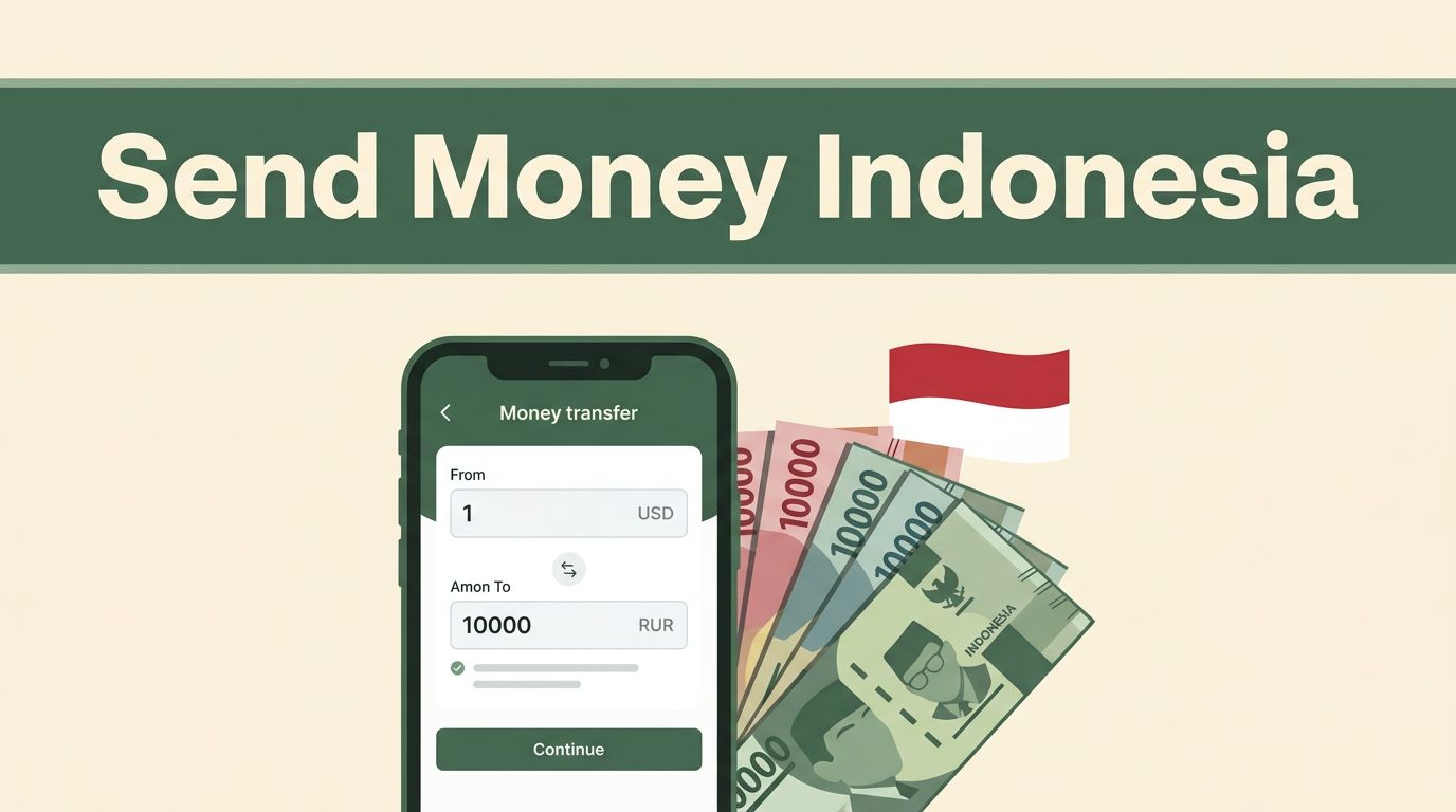 Smartphone and Indonesian rupiah beside a red-and-white flag accent.