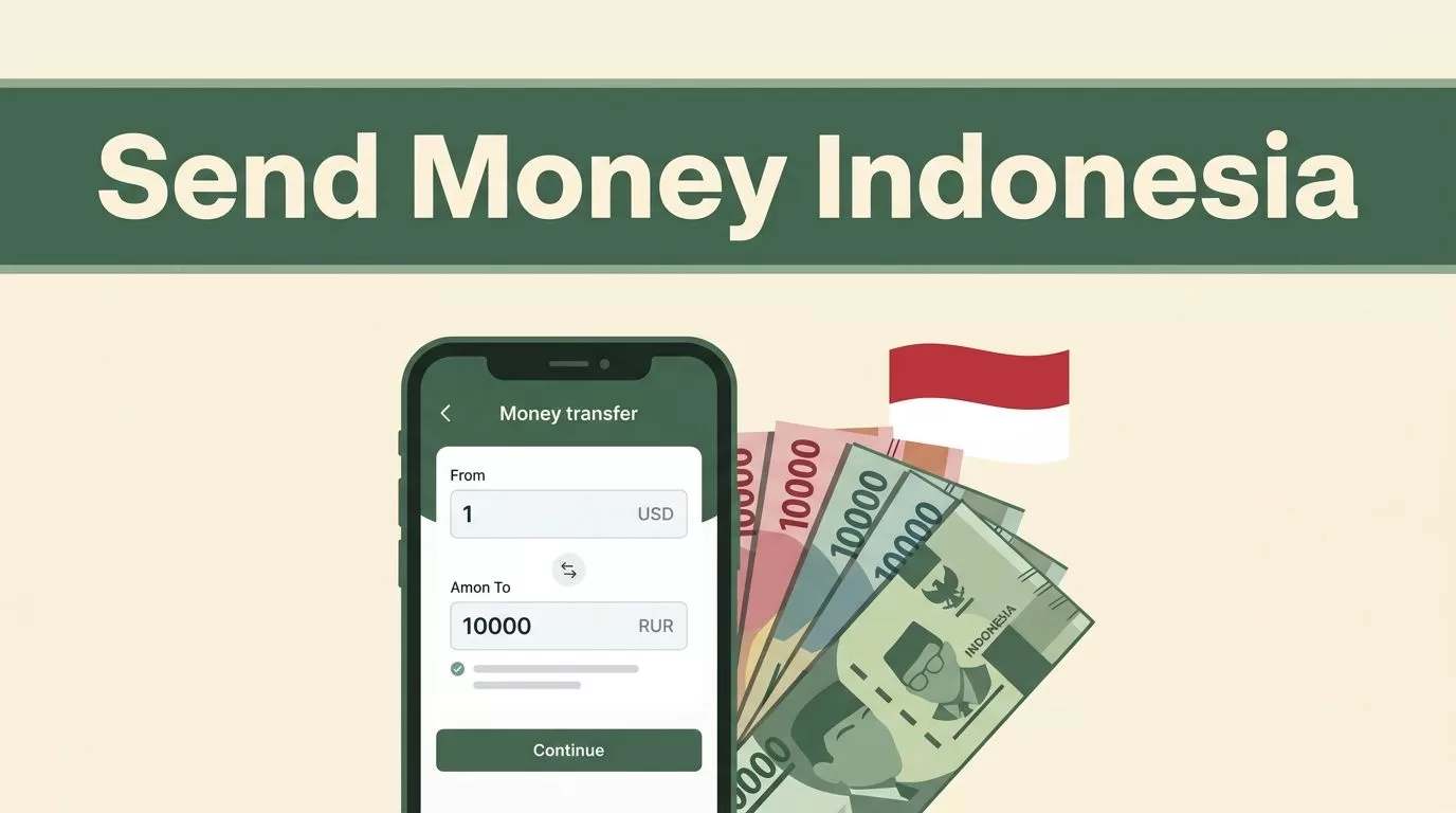 Smartphone and Indonesian rupiah beside a red-and-white flag accent.
