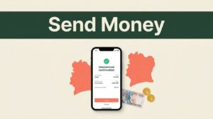 A smartphone showing a money transfer beside an Ivory Coast map and currency details.