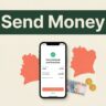 A smartphone showing a money transfer beside an Ivory Coast map and currency details.