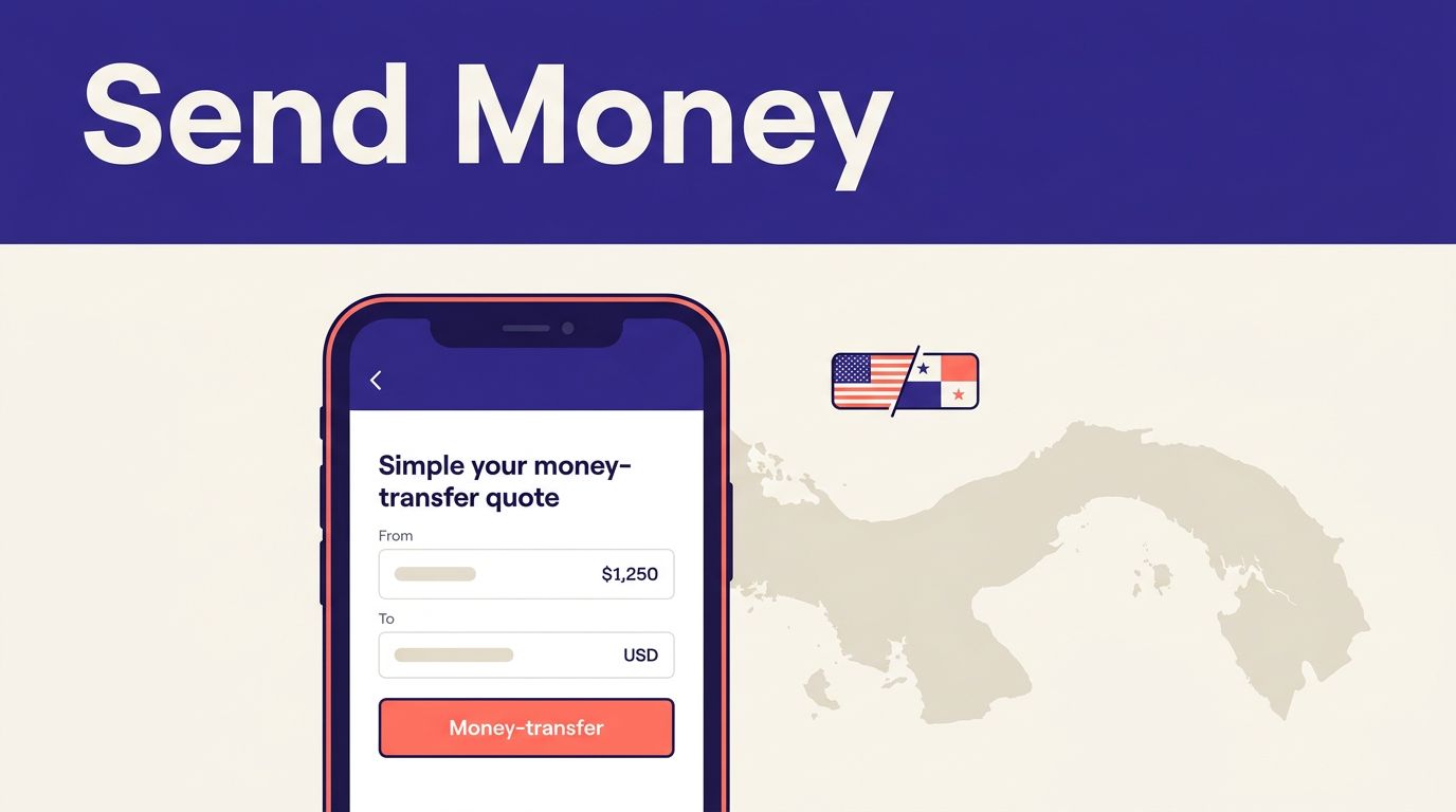 Smartphone showing a money transfer beside a Panama map and connection symbol.