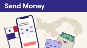 Smartphone showing a money transfer beside a Panama flag, map, bank card, and envelope.