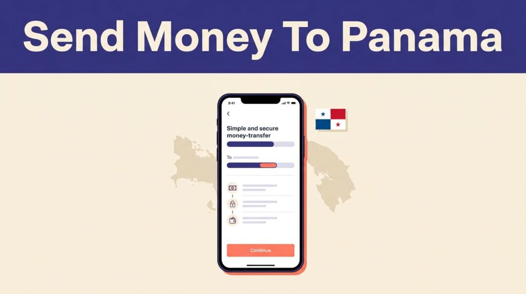 Smartphone transfer screen beside a Panama map and Panamanian flag.