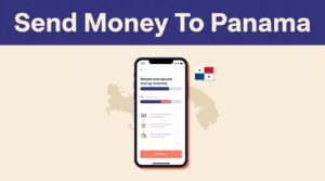 Smartphone transfer screen beside a Panama map and Panamanian flag.