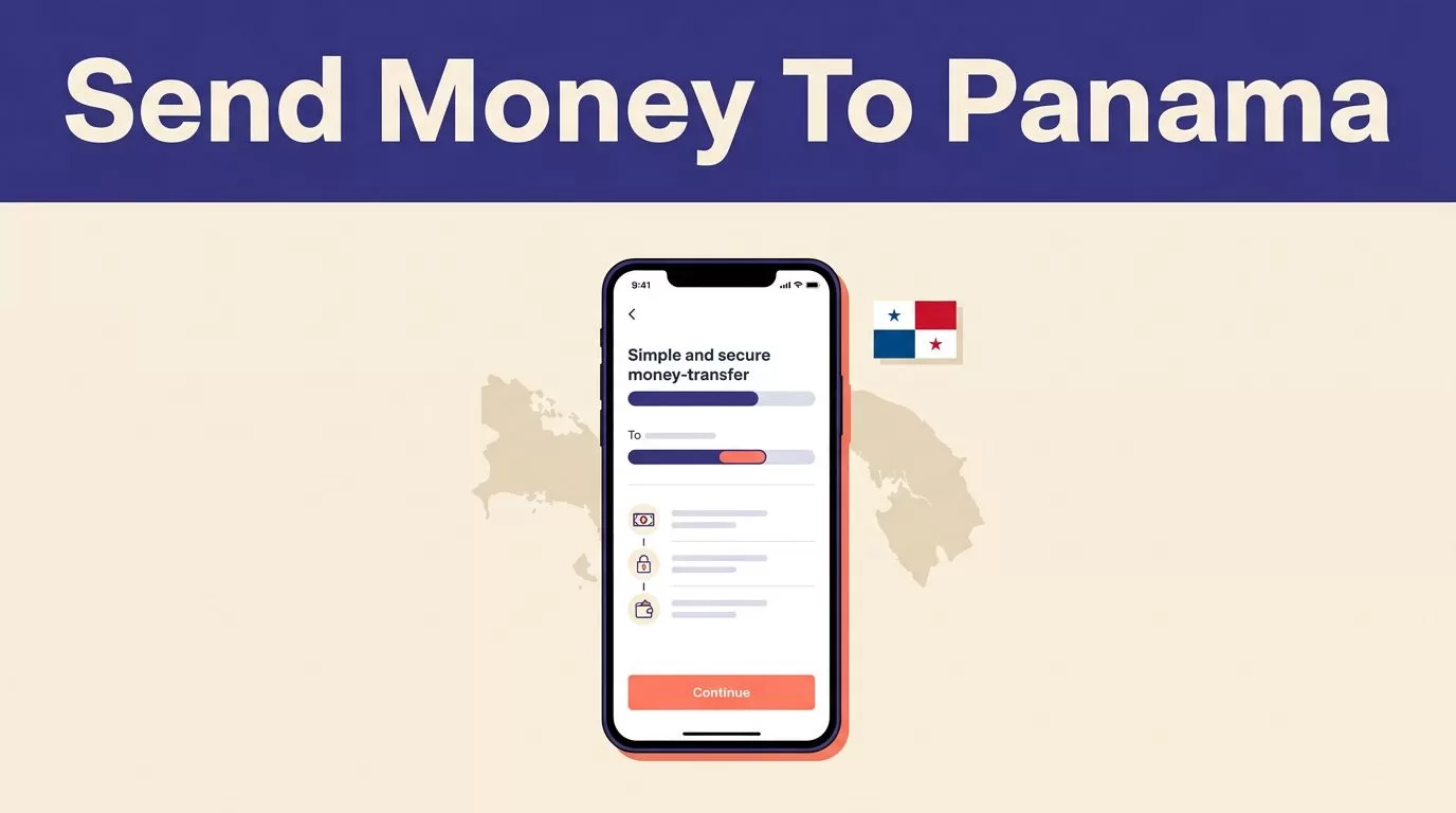 Smartphone transfer screen beside a Panama map and Panamanian flag.