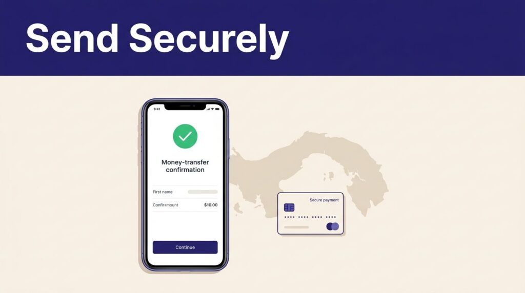 Smartphone showing a transfer confirmation beside a Panama map and payment card.