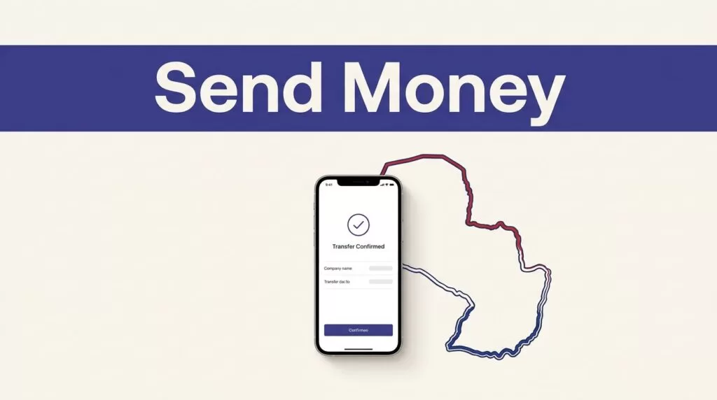 A smartphone transfer screen beside a Paraguay map under a bold indigo header.