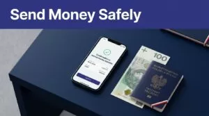 A phone displays a money transfer beside Polish cash and a passport.