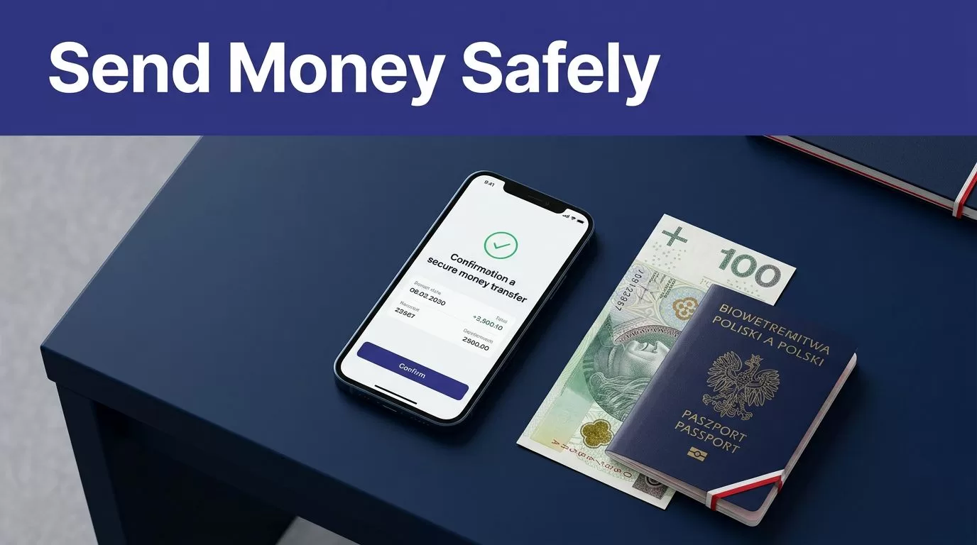 A phone displays a money transfer beside Polish cash and a passport.