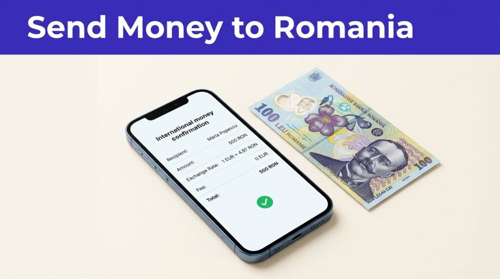 A smartphone shows a money transfer confirmation beside a Romanian banknote.