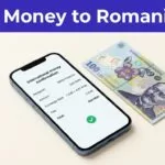 A smartphone shows a money transfer confirmation beside a Romanian banknote.