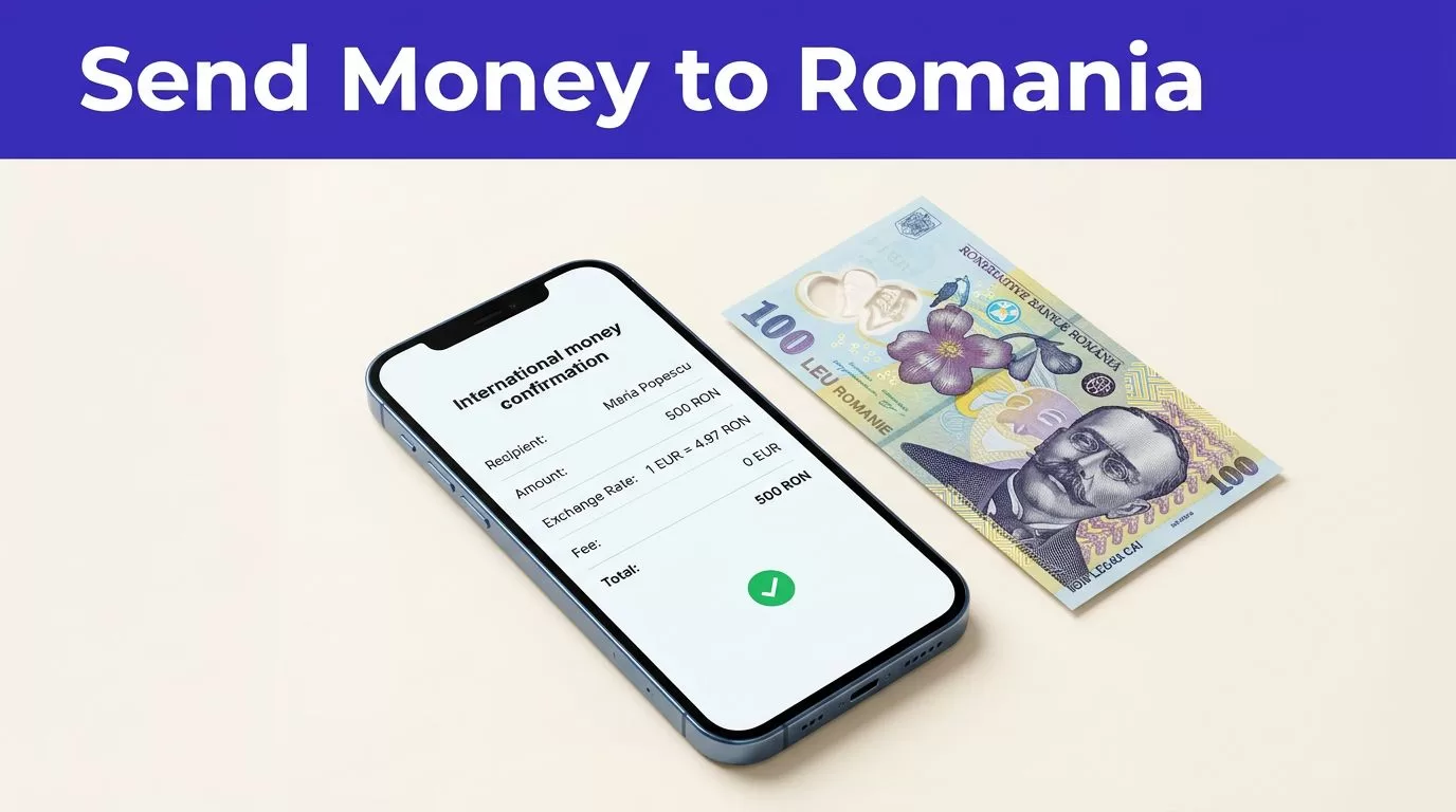 A smartphone shows a money transfer confirmation beside a Romanian banknote.