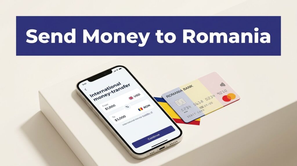 Phone displaying a money transfer screen beside a Romanian bank card.