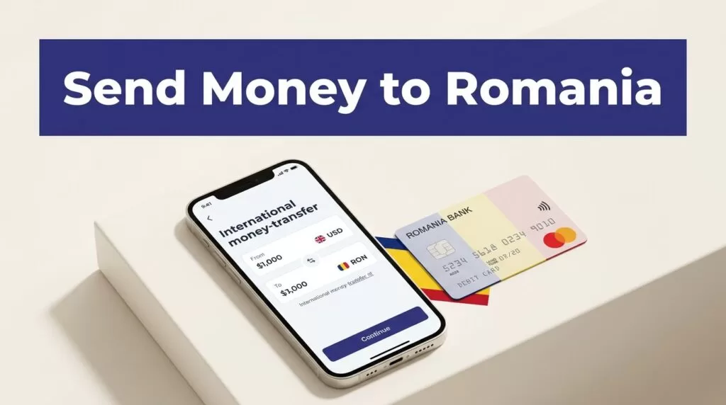 Phone displaying a money transfer screen beside a Romanian bank card.