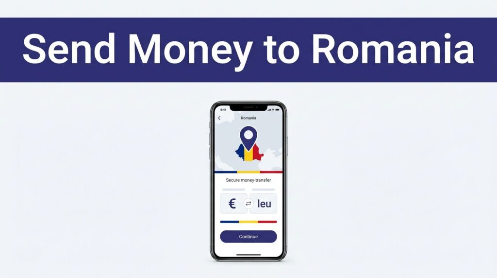 Smartphone showing a money transfer app with a Romania map pin and currency symbols.