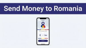 Smartphone showing a money transfer app with a Romania map pin and currency symbols.