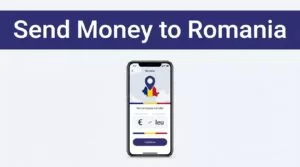 Smartphone showing a money transfer app with a Romania map pin and currency symbols.