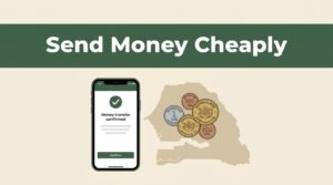 A phone showing a money transfer beside CFA coins and a Senegal map.
