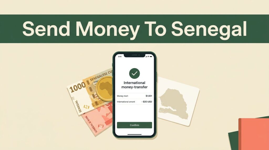 A smartphone showing a money transfer beside Senegalese currency and a Senegal map card.