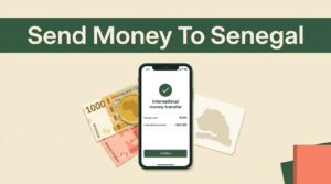 A smartphone showing a money transfer beside Senegalese currency and a Senegal map card.