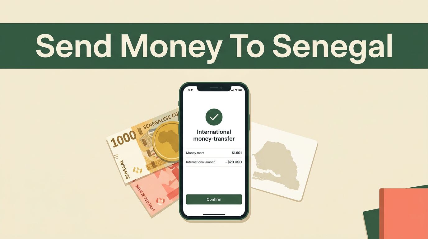 A smartphone showing a money transfer beside Senegalese currency and a Senegal map card.