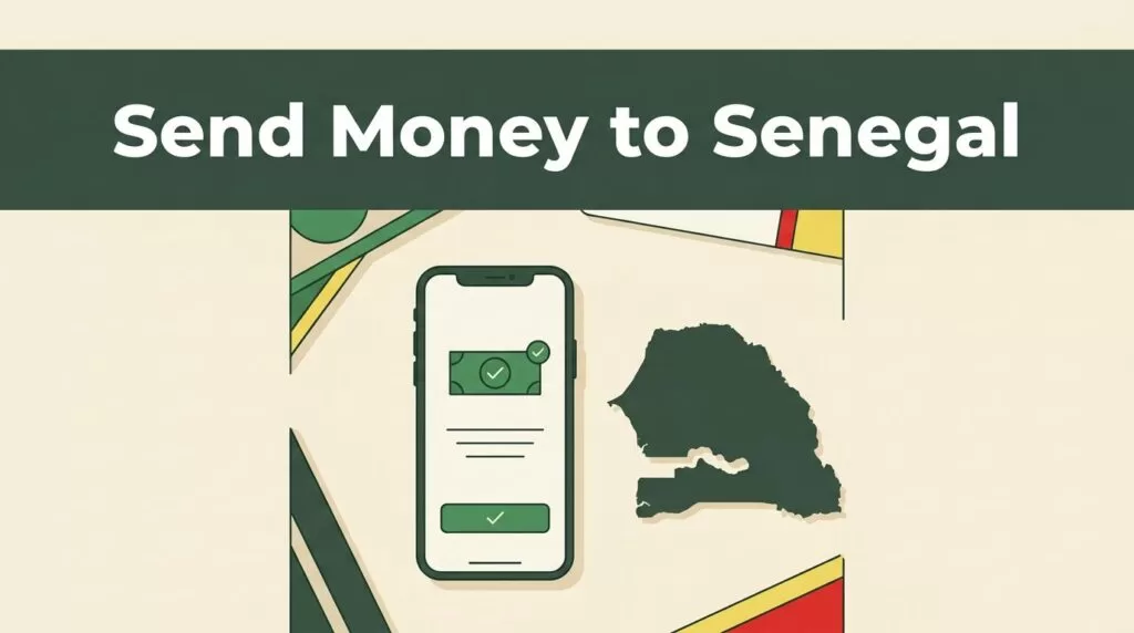 A phone showing transfer confirmation beside a Senegal map and green banner.