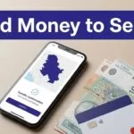 A smartphone showing a Serbia transfer sits beside dinar notes and a bank card.