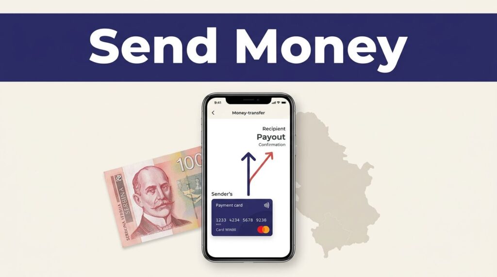 Smartphone showing a money transfer beside a Serbian dinar note and map.
