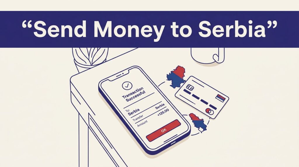 Phone showing a money transfer beside a debit card and Serbia map.