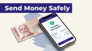 A smartphone showing a secure transfer beside Serbian currency and a Serbia map design.