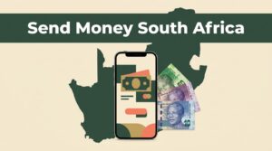 A smartphone and South African rand notes beside a map silhouette.