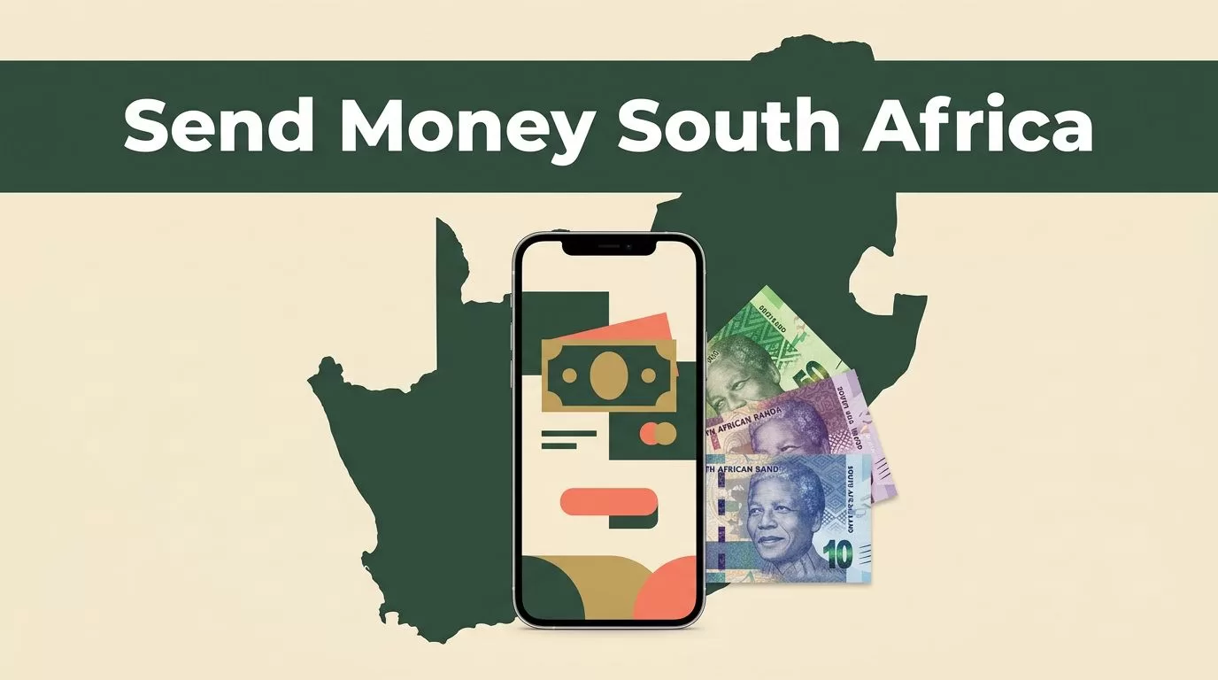 A smartphone and South African rand notes beside a map silhouette.