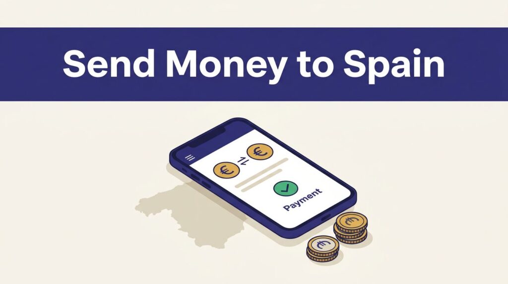 A smartphone showing a confirmed euro transfer beside a Spain map and coins.