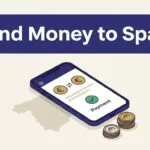 A smartphone showing a confirmed euro transfer beside a Spain map and coins.