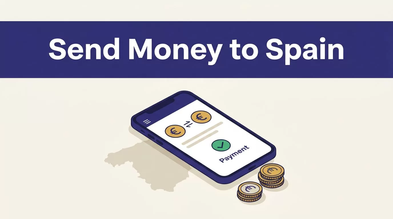 A smartphone showing a confirmed euro transfer beside a Spain map and coins.