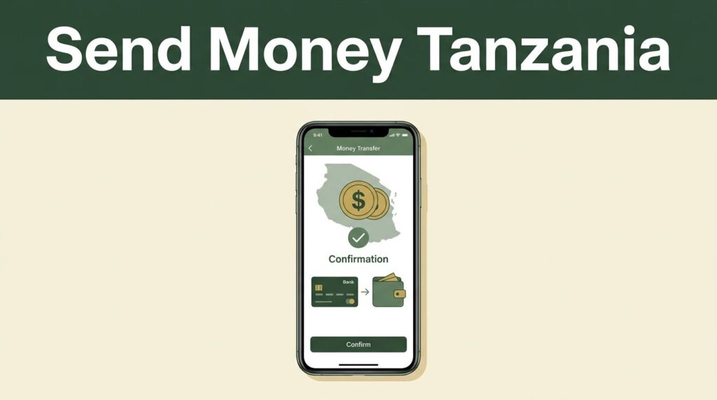A smartphone displays a Tanzania money transfer confirmation beside a bank card and mobile wallet symbol.
