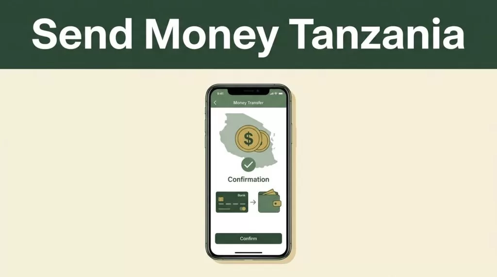 A smartphone displays a Tanzania money transfer confirmation beside a bank card and mobile wallet symbol.