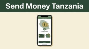 A smartphone displays a Tanzania money transfer confirmation beside a bank card and mobile wallet symbol.