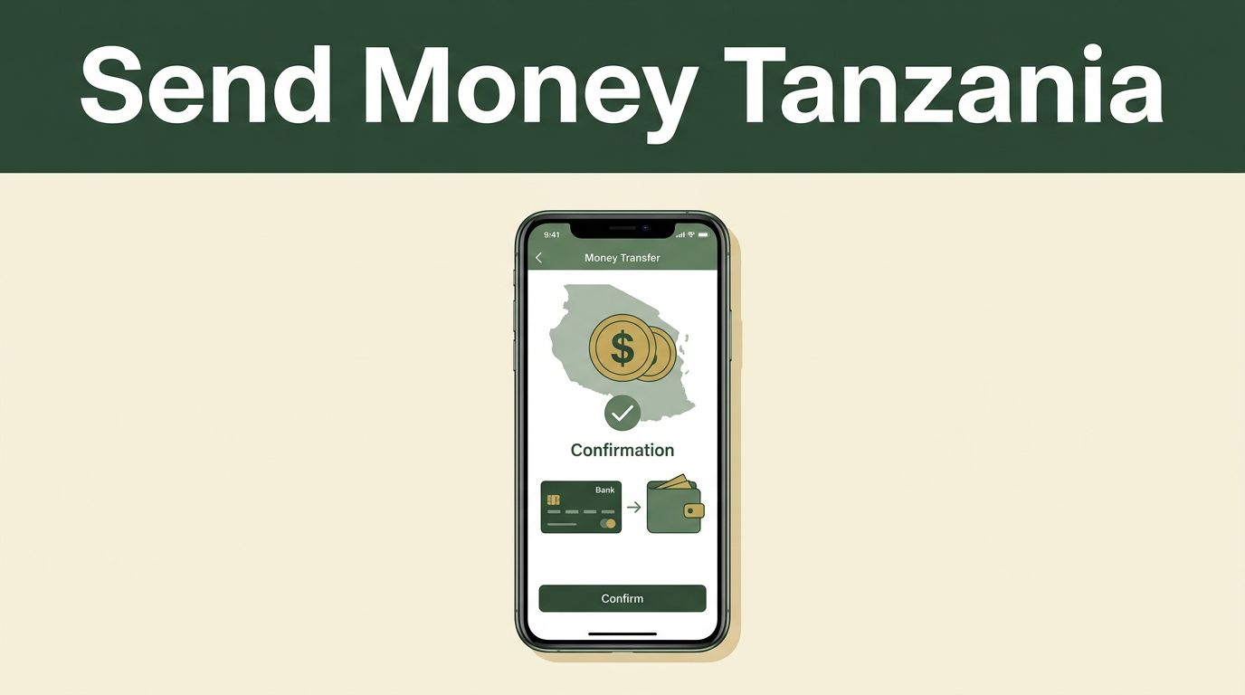 A smartphone displays a Tanzania money transfer confirmation beside a bank card and mobile wallet symbol.